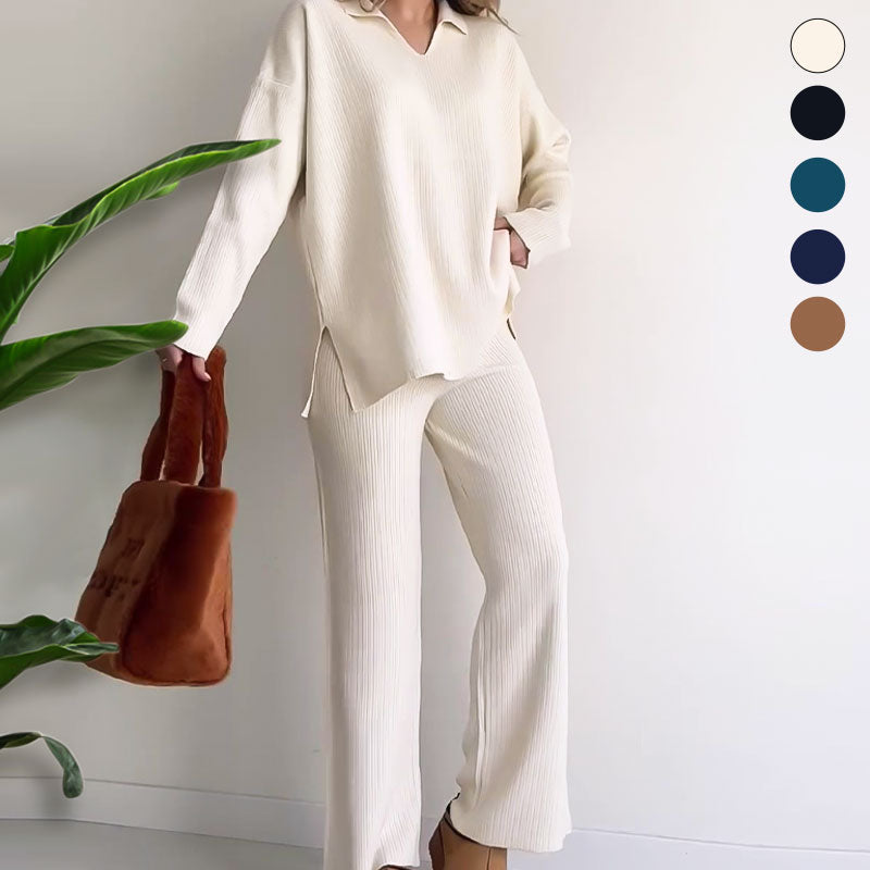 Women's V-Neck Comfortable Stretch Knit Suit (Top + Pants)