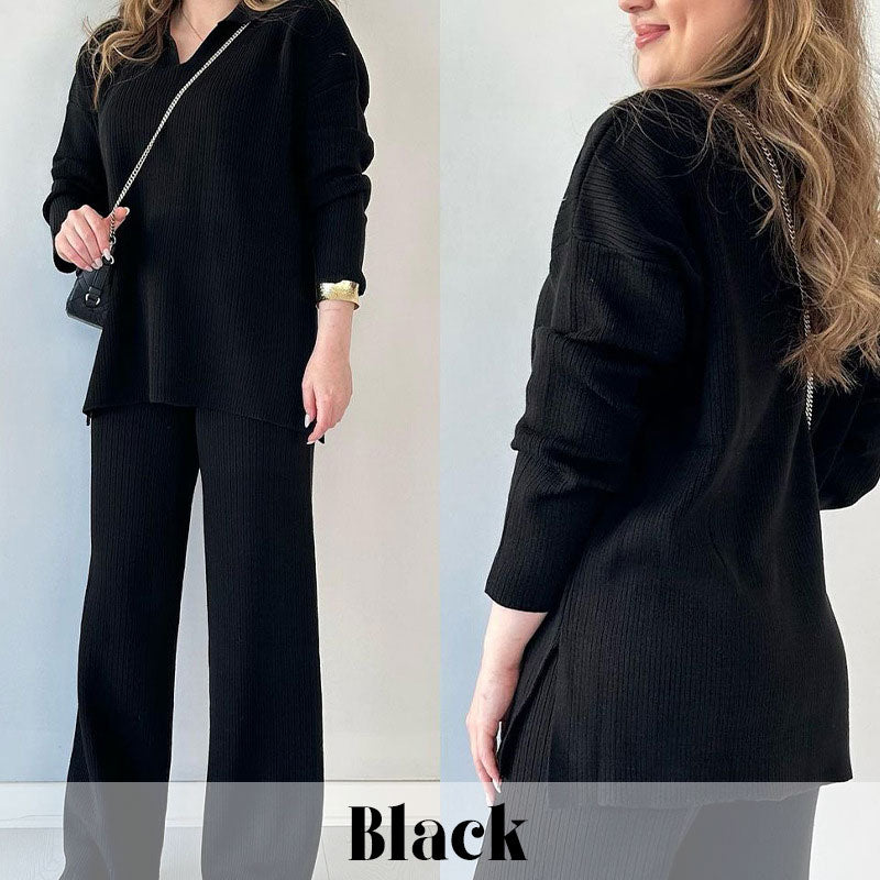 Women's V-Neck Comfortable Stretch Knit Suit (Top + Pants)